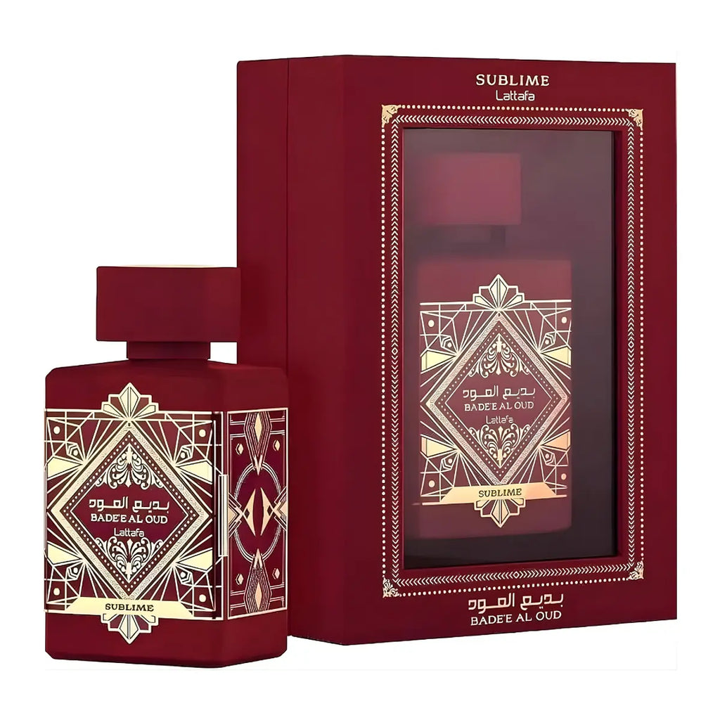 Perfume Lataffa Bade'e Al Oud Sublime en lata, fragancia de Aroma Primera, presentación de 1.1 en envase metálico elegante.