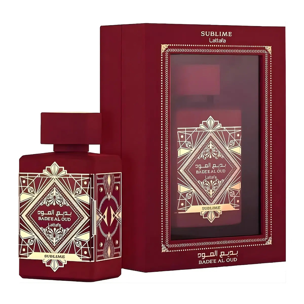 Perfume Lataffa Bade'e Al Oud Sublime en lata, fragancia de Aroma Primera, presentación de 1.1 en envase metálico elegante.
