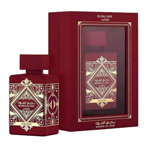Perfume Lataffa Bade'e Al Oud Sublime en lata, presentación de 1.1 en envase metálico elegante.