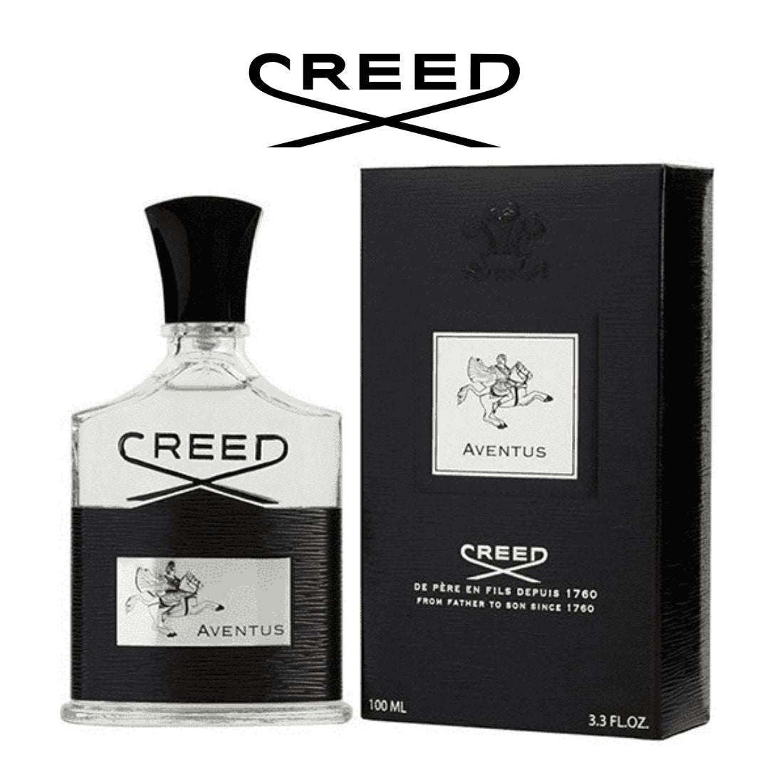 Perfume Creed Aventus 100ml de Aroma Primera, frasco de vidrio con spray, vista frontal del envase elegante y moderno.