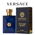 Frasco de perfume Versace Pour Homme Dylan Blue para hombre, 100ml, con diseño elegante y etiqueta distintiva.
