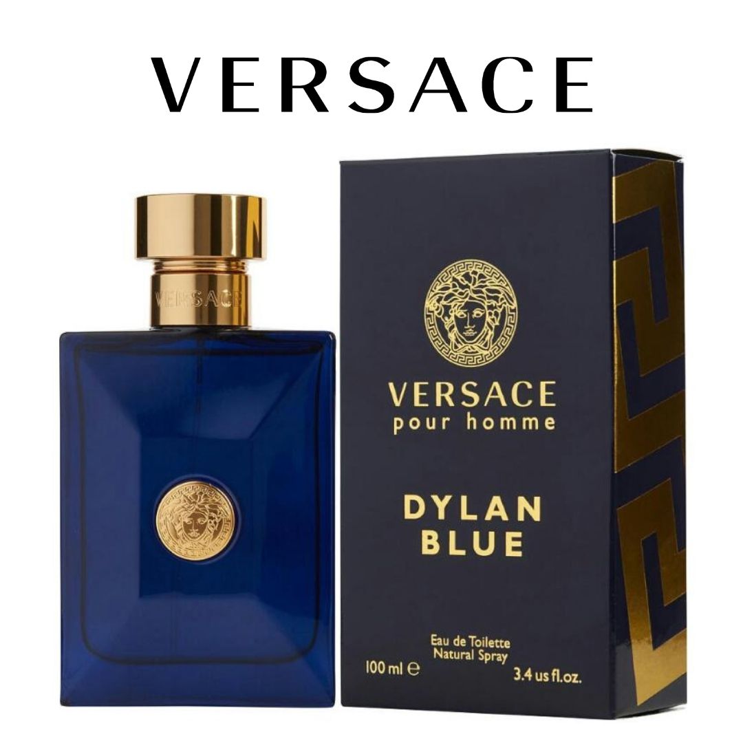 Frasco de perfume Versace Pour Homme Dylan Blue para hombre, 100ml, con diseño elegante y etiqueta distintiva.