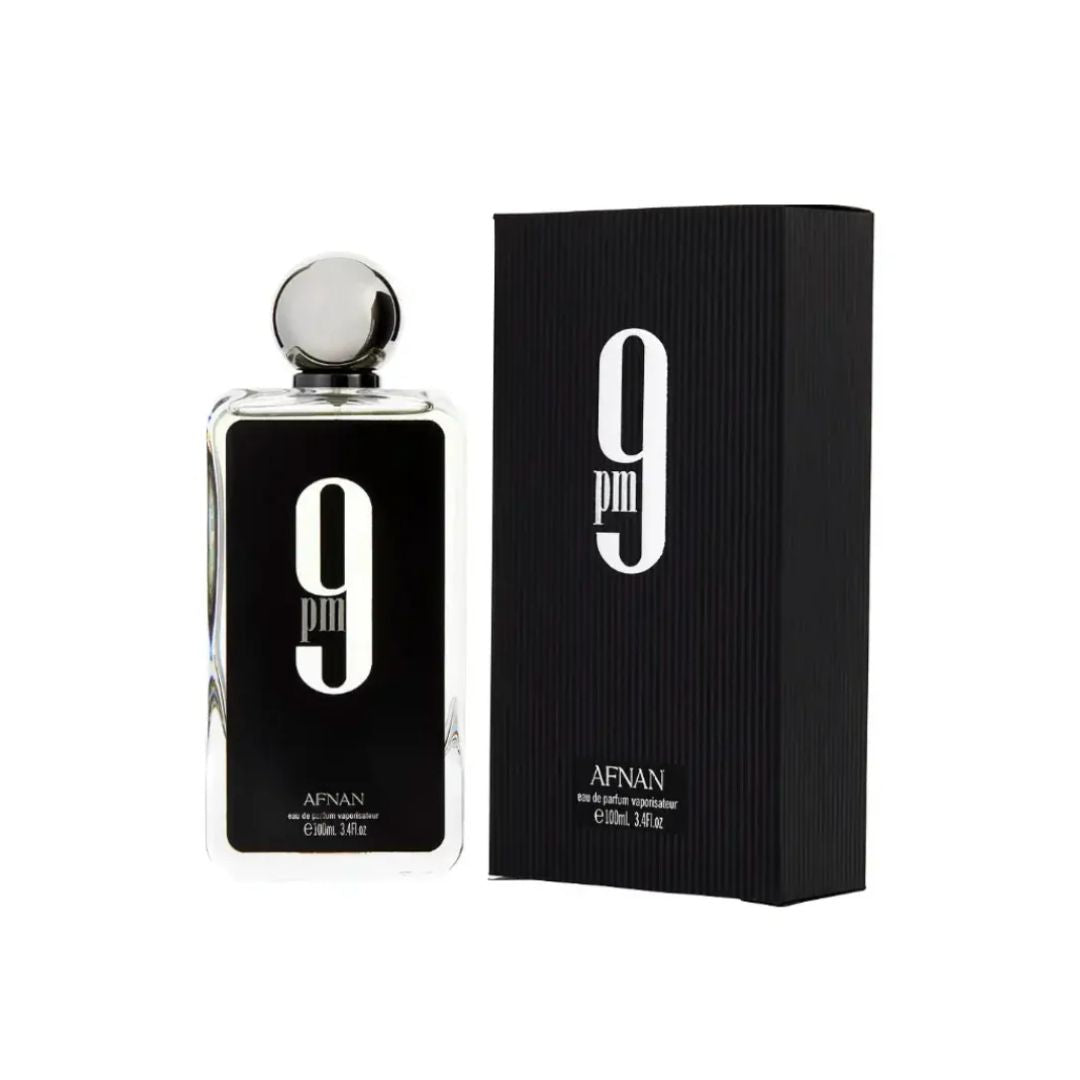 Perfume Afnan 9PM Eau de Parfum para hombre, frasco de 1.1 oz, con diseño elegante y moderno.