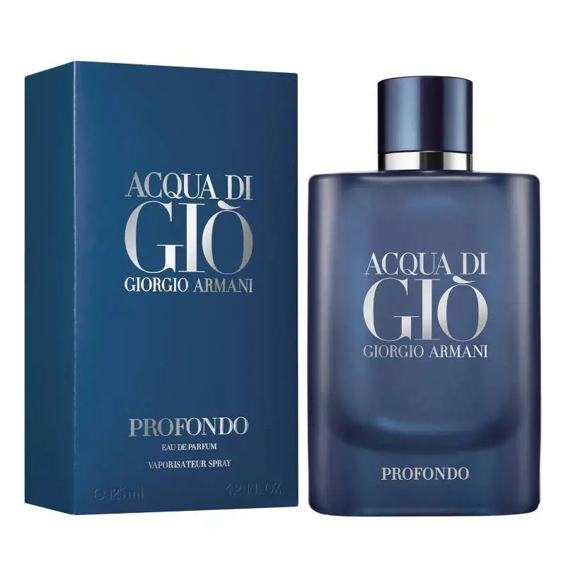Perfume Acqua Di Gio Profondo de Aroma Primera en botella de 100ml, frasco elegante y transparente con líquido azul.