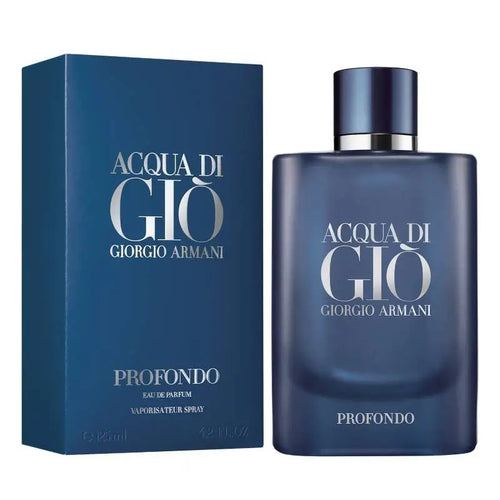 Perfume Acqua Di Gio Profondo de Aroma Primera en botella de 100ml, frasco elegante y transparente con líquido azul.