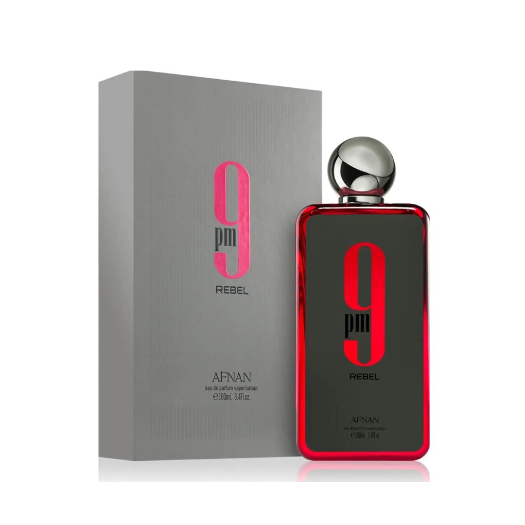 Perfume Afnan 9 Pm Rebel de Aroma Primera, frasco de 1.1 oz, con envase elegante y diseño distintivo.