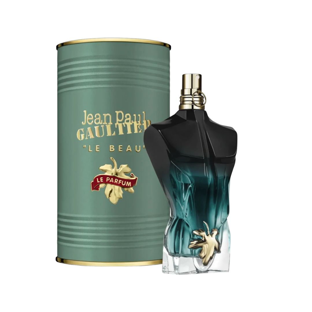 Perfume Jean Paul Gaultier Le Beau Le Parfum de Aroma Primera, frasco de 1.1 oz, con diseño elegante y distintivo.