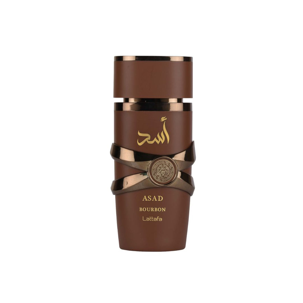 Perfume Asad Bourbon Lattafa de la marca Aroma Primera, frasco de 1.1 oz, con diseño elegante y distintivo.