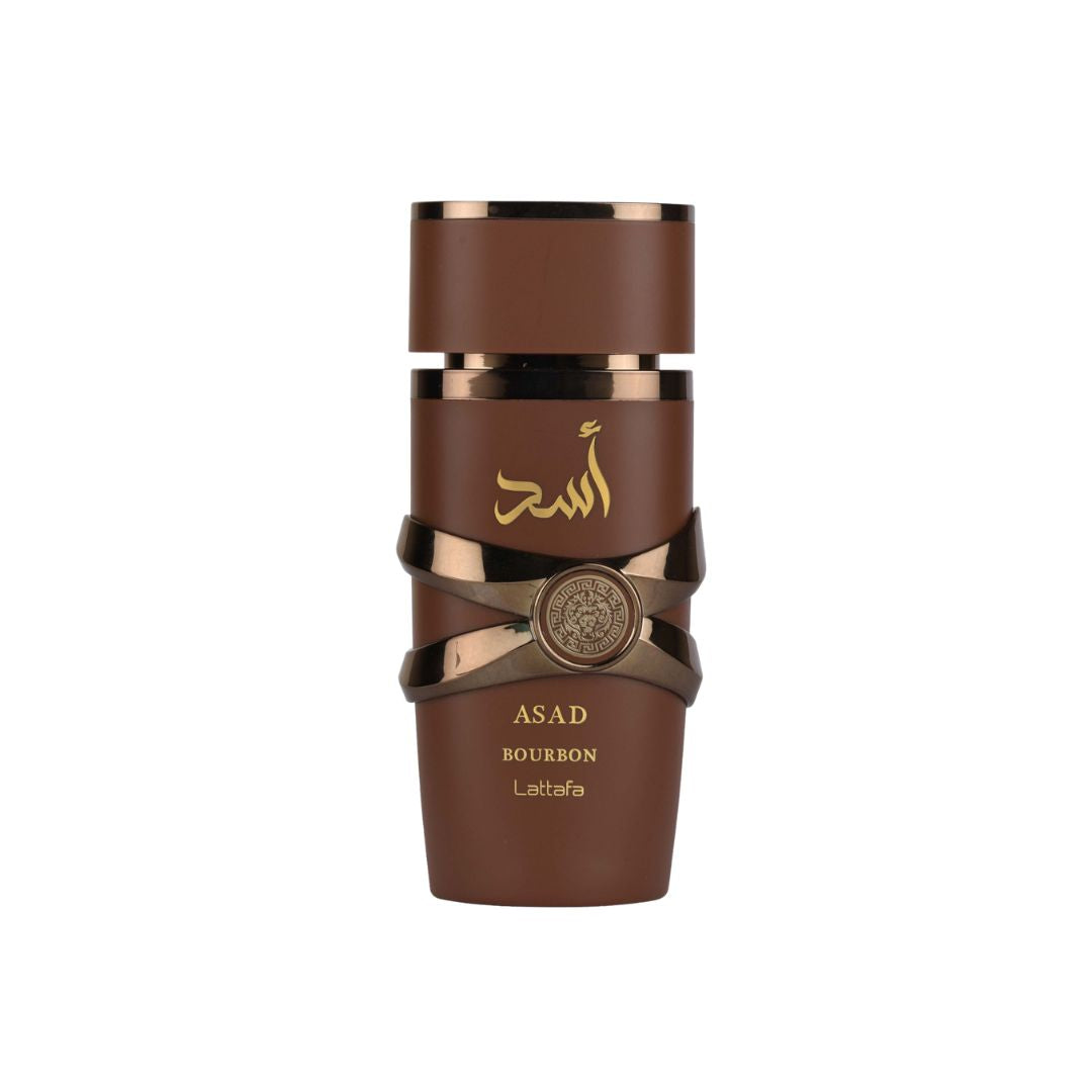 Perfume Asad Bourbon Lattafa de la marca Aroma Primera, frasco de 1.1 oz, con diseño elegante y distintivo.