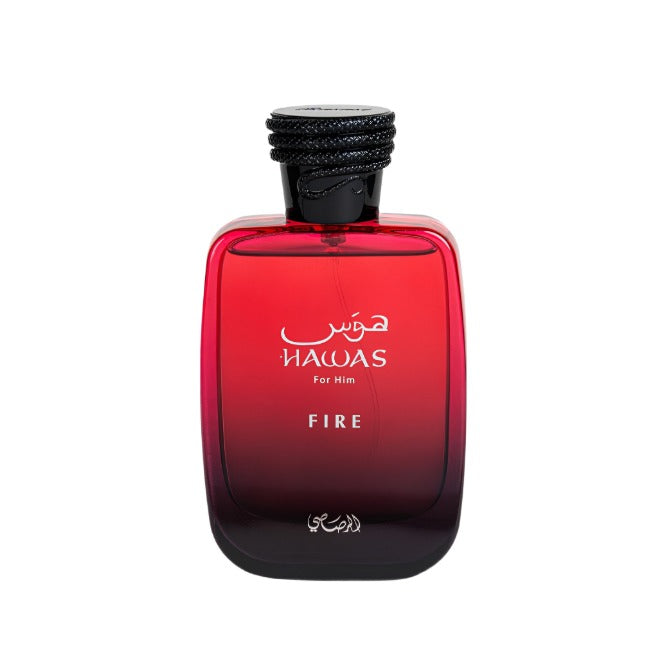 Rasai Hawas Fire de Aroma Primera, frasco de 1.1 oz, con diseño elegante y detalles en tonos cálidos.