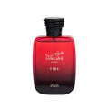 Rasai Hawas Fire de Aroma Primera, frasco de 1.1 oz, con diseño elegante y detalles en tonos cálidos.