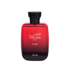 Rasai Hawas Fire de Aroma Primera, frasco de 1.1 oz, con diseño elegante y detalles en tonos cálidos.