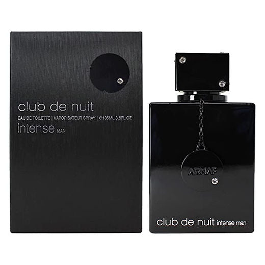 Perfume Aroma Primera Club De Nuit Intense 1.1 en frascos, con diseño elegante y detalles de la marca en la etiqueta.