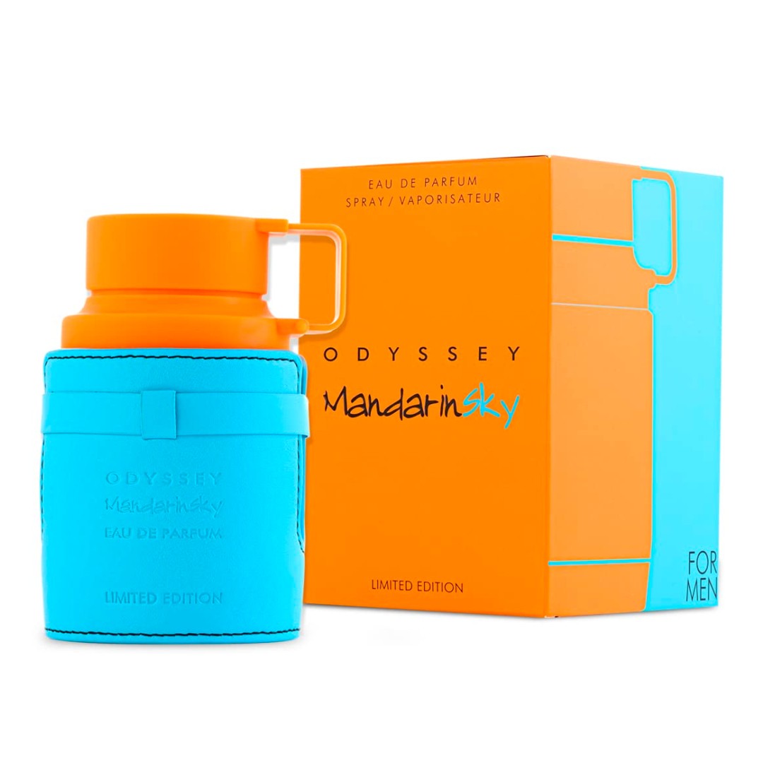 Perfume Armaf Mandarin Sky en botella de 100 ml, frasco elegante con diseño que refleja frescura y notas cítricas.