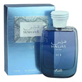 Perfume Hawas Ice Rasasi de Aroma Primera, frasco de 100 ml con diseño elegante y moderno en la imagen.