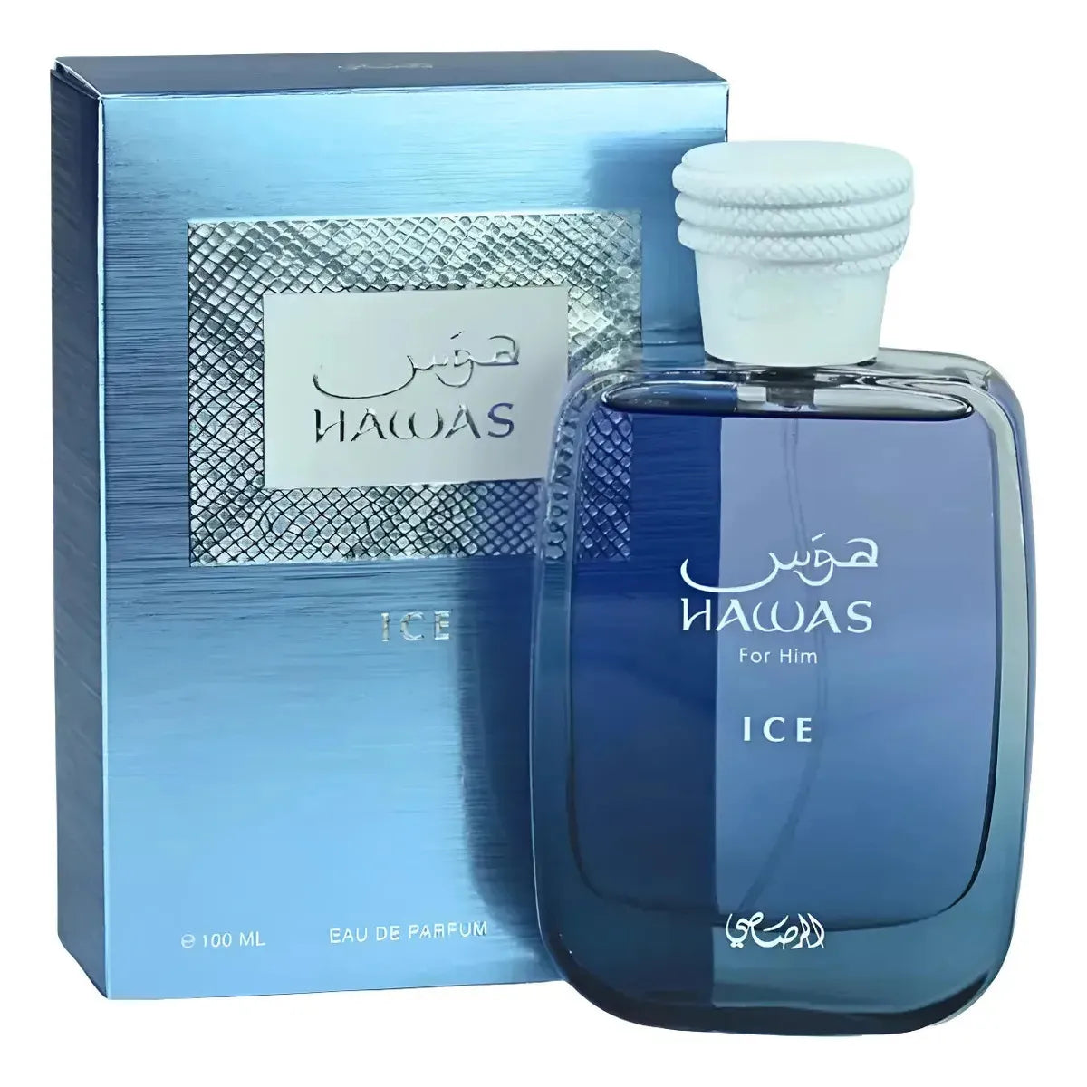 Perfume Hawas Ice Rasasi de Aroma Primera, frasco de 100 ml con diseño elegante y moderno en la imagen.